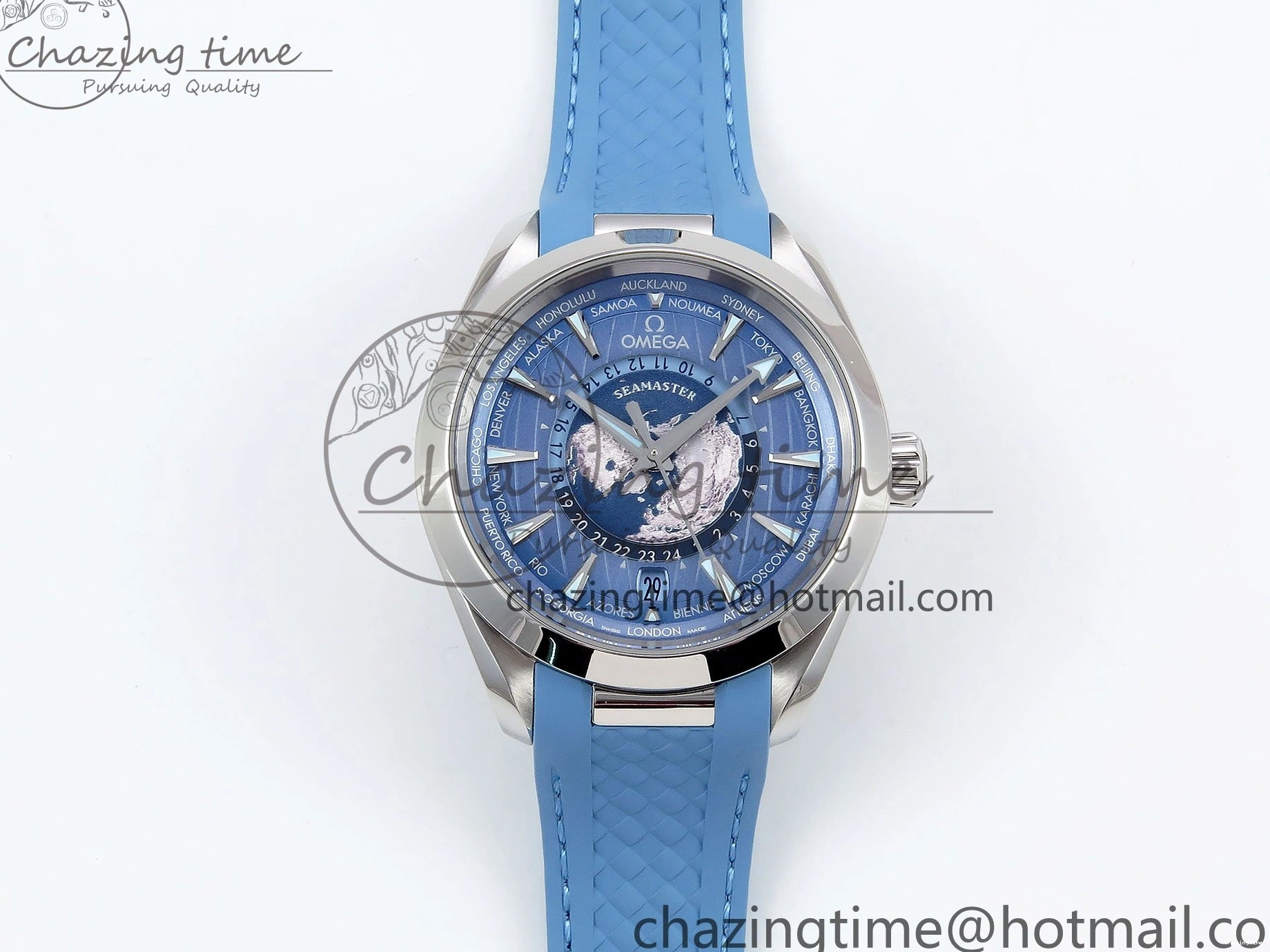 0201 GoAnywhere Aqua Terra GMT Worldtimer 43mm VSF 1:1 Best Edition Summer Blue Dial on Blue Rubber Strap A8938 Super Clone 7722